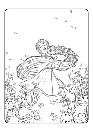 Rapunzel Twirling in a Flower Field coloring page