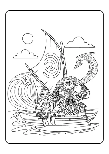 Moana & Maui Sailing the Canoe coloring page