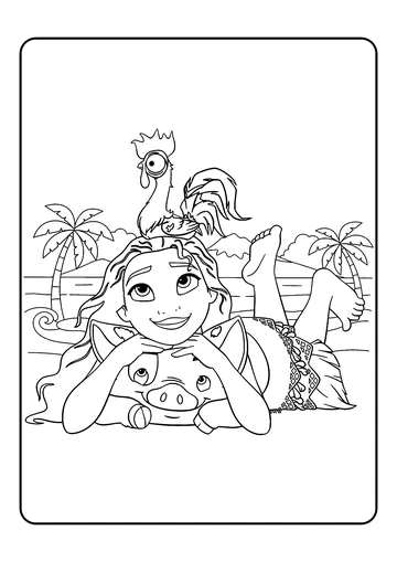 Moana Relaxing With Pua & Hei Hei coloring page
