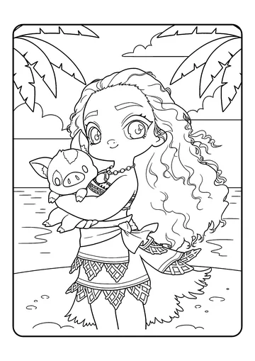 Cute Moana Cuddles Pua on the Beach coloring page