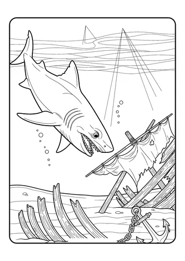Megalodon Over Ancient Wreck coloring page