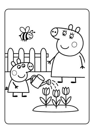 Watering Tulips With Mummy Pig coloring page