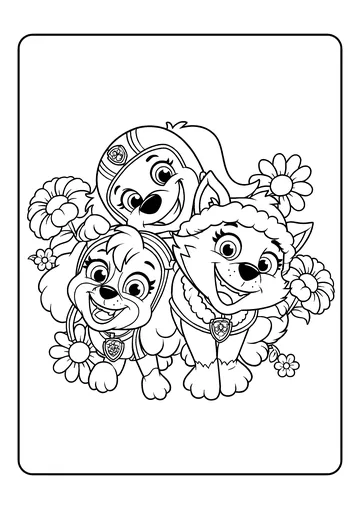 Skye, Everest & Liberty Flower Pose coloring page