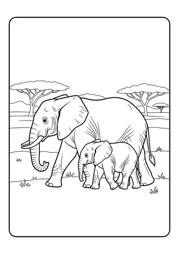 Mother and Calf Walk the Savanna coloring page