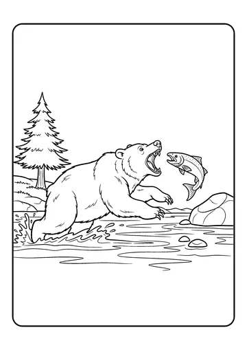 Grizzly at the Salmon Run coloring page
