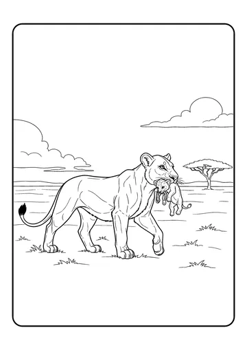 Lioness Carrying Her Cub coloring page