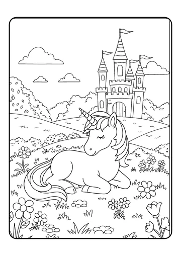Sleeping Unicorn in a Flower Field coloring page