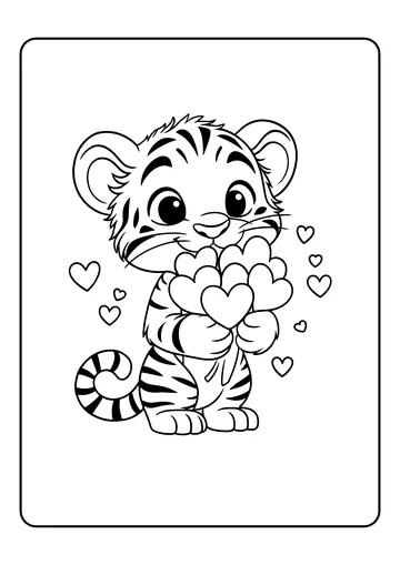 Baby Tiger with Heart Bouquet coloring page