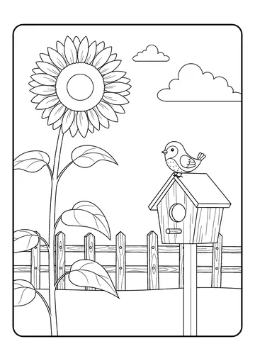 Sunflower and Birdhouse coloring page