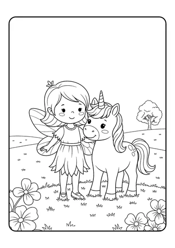 Meadow Fairy and Unicorn Friend coloring page