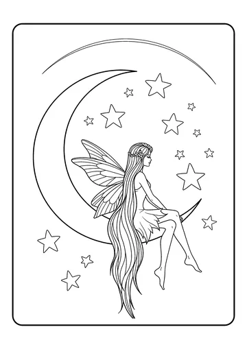 Crescent Moon Fairy at Night coloring page