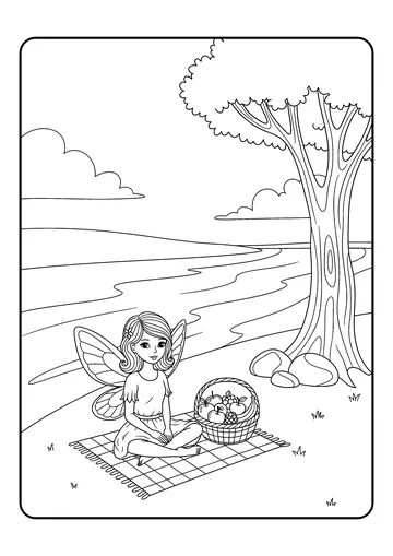 Picnic Fairy by River coloring page