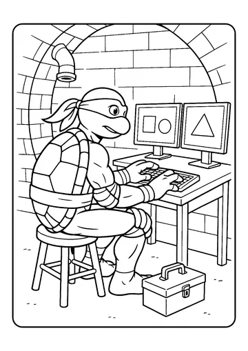 Donatello in his small tech corner coloring page