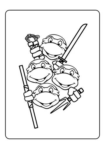 Four Ninja Turtles faces with weapons coloring page