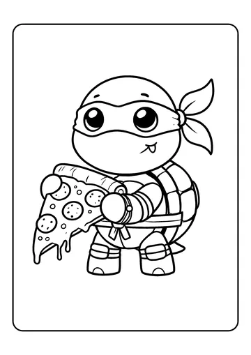 Cute baby Michelangelo with pizza slice coloring page
