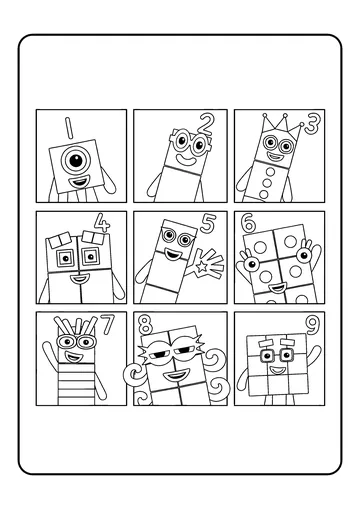 One to Nine Character Grid coloring page