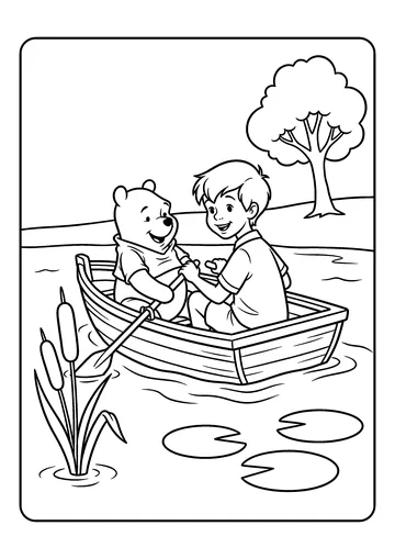 Pooh and Christopher Robin in a Boat coloring page