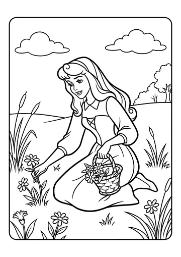 Aurora Picking Wildflowers coloring page