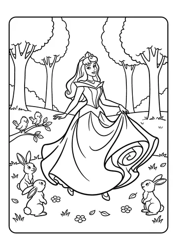 Aurora Dancing with Forest Friends coloring page