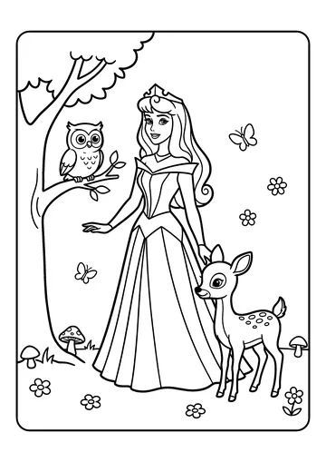 Aurora with an Owl and a Deer coloring page