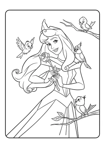 Aurora with a Rose and Little Birds coloring page