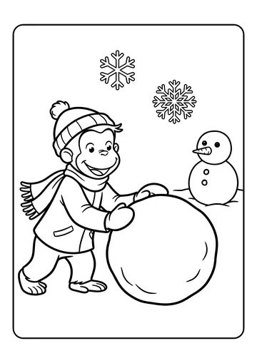 Curious George Making a Snowman coloring page