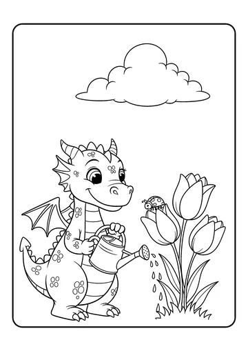Dragon Watering Flowers coloring page